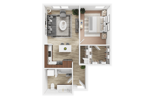 Floor plan for 1 bed, 1 bath, 713 sqft
